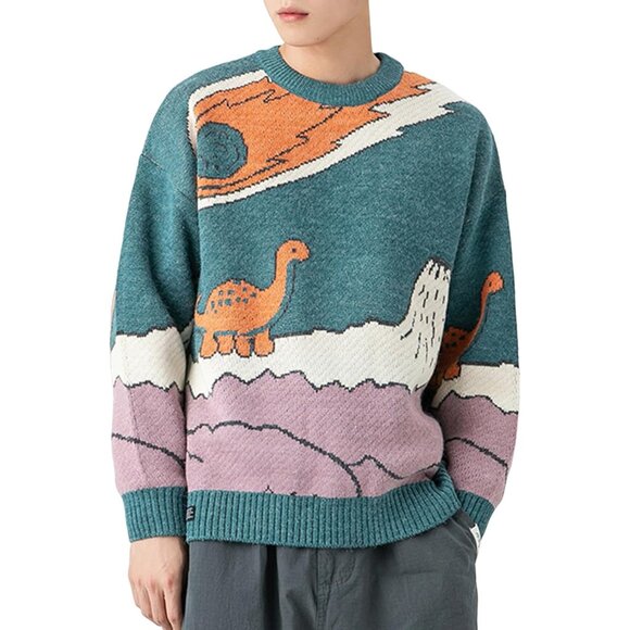 Mens Oversized Dinosaur Knit Sweater Casual Crewneck Long Sleeve Tops - Picture 3 of 8
